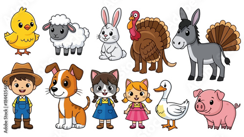 Charming Farm Animals and Friendly Farmer Characters in a Cheerful Vector Illustration