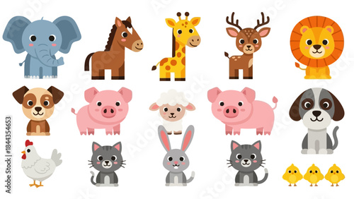 Cute Farm and Wild Animals Collection Vector Illustration