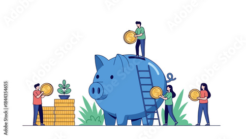 Piggy Bank Savings Concept: People Depositing Coins into a Large Blue Piggy Bank