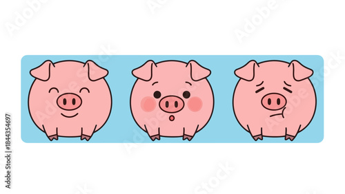 Cute Cartoon Pigs Expressing Different Emotions: Happy, Surprised, and Sad