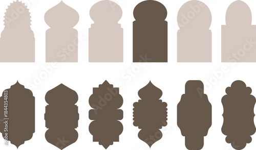 Islamic oriental abstract decorative arch frames, windows, plus doors, silhouette shapes, boho minimalist design