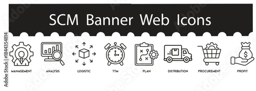Supply Chain Management and Logistics Vector Icon Set Featuring Inventory Control, Warehousing, Procurement, Distribution, Customer Relationship, and Business Process Optimization Illustrations.