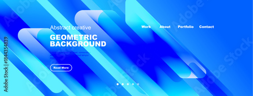 Bright blue geometric background features text, navigation menu, dots. Modern design suggests website header or banner.