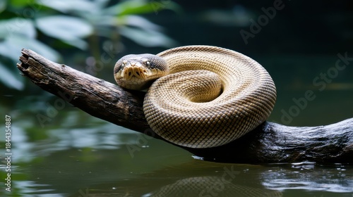 A large python coiled around a submerged branch above the water with its head raised and looking towards the camera