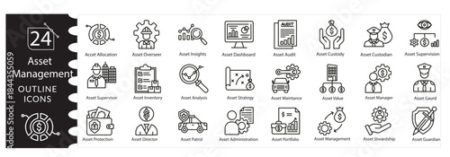 Asset Management and Financial Investment Vector Icon Set Featuring Banking, Wealth Allocation, Capital Planning, Profit Growth, Risk Management, and Business Strategy Illustrations.