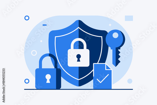 A detailed illustration of digital security, featuring a shield, padlocks, a key, and a document, symbolizing data protection and privacy.