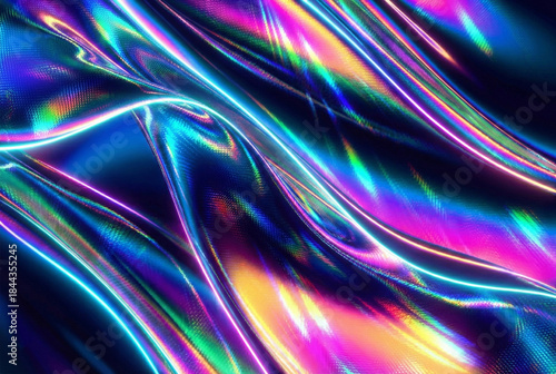 Abstract holographic fluid background with neon gradients and metallic texture.