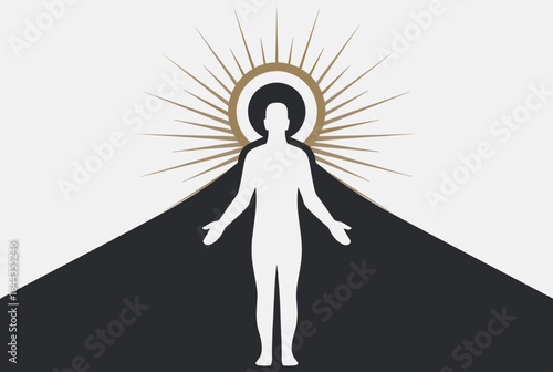A stylized human silhouette with outstretched arms and a golden sunburst halo, standing on a dark triangular base against a split light and dark background.