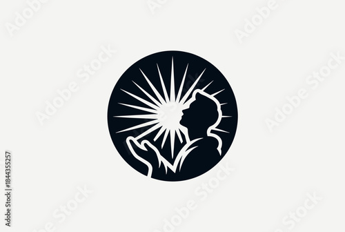 Circular logo featuring a person's silhouette looking up with cupped hands and a radiating sunburst.