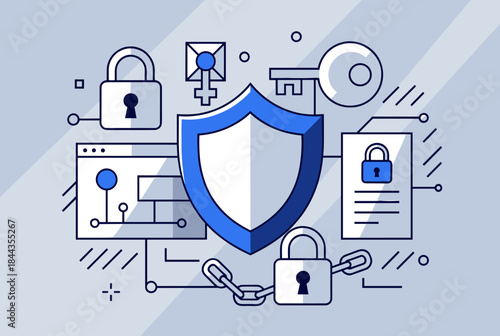 Digital security concept with shield, padlocks, key, and secure documents representing data protection and online privacy.