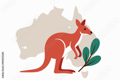 A red kangaroo stands in front of a map silhouette of Australia with a green plant branch, depicting Australian wildlife and geography.