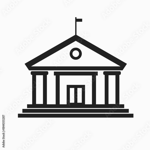 Black and white illustration of a classical building with columns  
