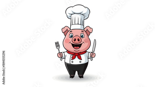 Cute Chef Pig Character Holding Fork and Knife Ready to Cook Delicious Food