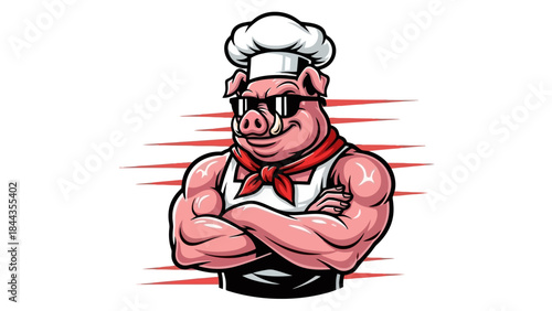Mascot Chef Pig with Muscles Wearing Sunglasses and Chef Hat, Vector Art