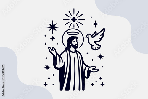 Stylized illustration of Jesus Christ with a halo, surrounded by stars, and a dove representing the Holy Spirit, in a minimalist design.