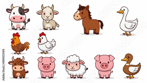 Cute Farm Animals Collection: Cow, Goat, Horse, Chicken, Pig, Sheep, Duck