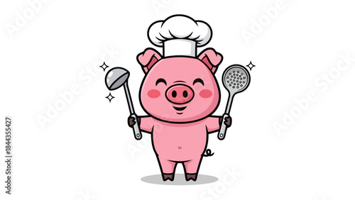 Cute Chef Pig Character Holding Kitchen Utensils with Chef Hat and Sparkles