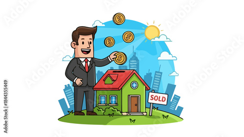 Man Investing Coins in House for Real Estate Savings and Future Financial Security