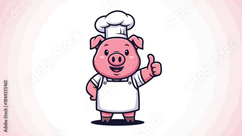 Happy Pig Chef Giving Thumbs Up in Chef Hat and Apron, Cartoon Style
