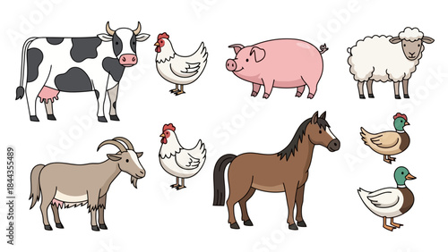 Collection of Cute Farm Animals, Including Cow, Pig, Sheep, Horse, Goat, Chicken and Duck