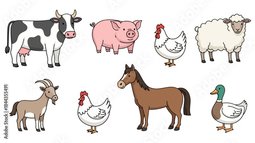 Collection of Cute Farm Animals and Livestock on White Background, Vector Art