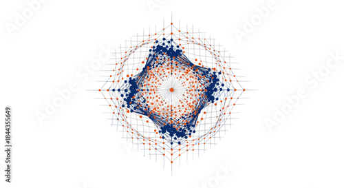 An intricate digital network of interconnected blue and orange nodes forms a complex, symmetrical abstract pattern, symbolizing data flow and technological advancement.
