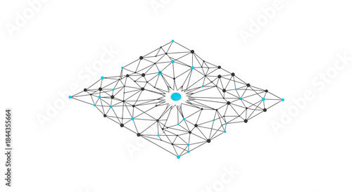 An intricate three-dimensional network of interconnected black and blue dots forming a complex digital mesh, symbolizing data flow and global connectivity in modern technology.