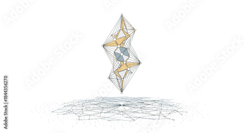 An intricate abstract geometric form, built from wireframes and polygons, floats above a digital network, representing data, technology, and connectivity.