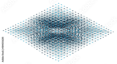 An intricate three-dimensional grid of interconnected blue and black dots forms a complex abstract network, symbolizing data, technology, and advanced concepts.
