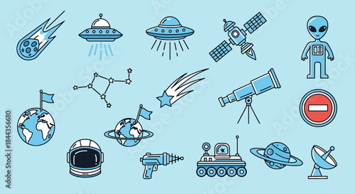 Cute Space Icons Collection Featuring Planets, Rockets, Astronauts, Aliens, UFOs, and Comets on a Blue Background