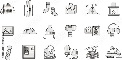 Collection of Winter Holiday and Travel Icons Set Featuring Cabin, Skis, Snowboard, Mountains, Tent, Suitcase, and Hot Tub for Vacation and Outdoor Activities