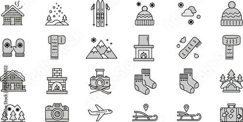 Collection of Winter Season Flat Icons Representing Activities, Clothing, and Scenery for Travel and Leisure