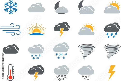 Collection of Weather Icons and Symbols Including Snowflakes, Clouds, Sun, Rain, Lightning, Wind, Tornado, and Thermometer for Forecast