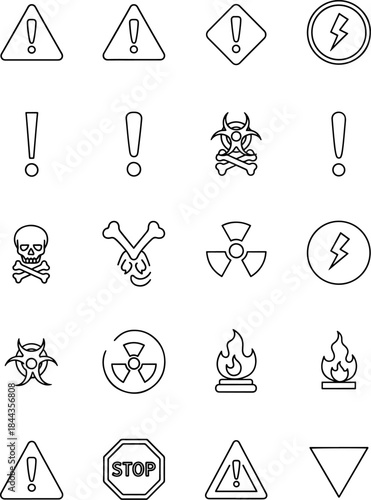 Collection of warning hazard symbols danger caution signs and icons including biohazard skull electricity fire radiation stop sign exclamation mark and triangle symbols