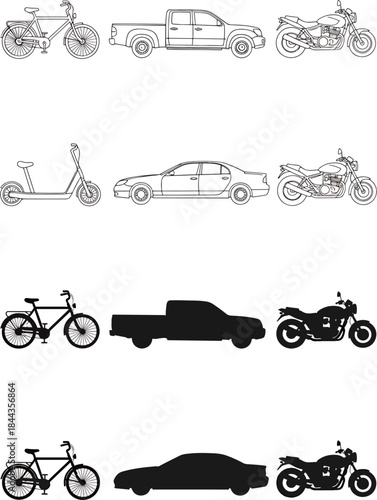Collection of Vehicles Including Bicycles, Pickup Trucks, Cars, Motorcycles, and Scooters, Illustrated in Outline and Silhouette Styles