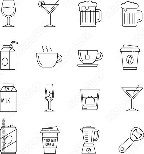 Collection of various drink and beverage icons in a clean outline style for graphic design projects and digital applications