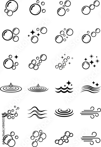 Collection of various bubble and water icons, representing cleanliness, freshness, and purity with a modern graphic style
