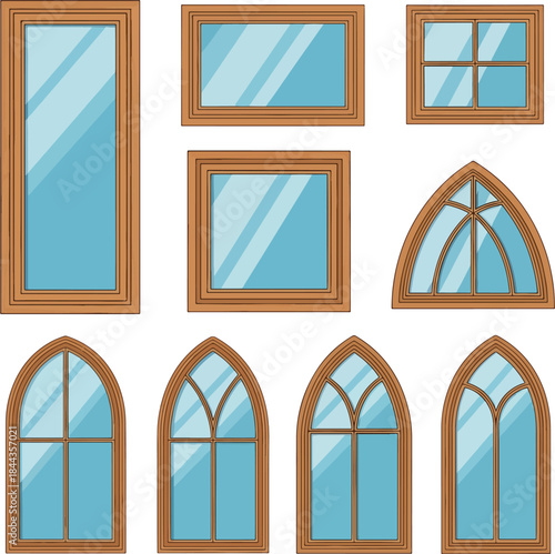 Collection of various architectural window styles including arched gothic and rectangular designs with wooden frames and blue glass reflections