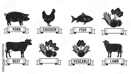 Collection of Meat and Vegetable Icons: Pork, Chicken, Beef, Fish, Lamb, and Produce