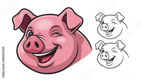 Funny Pink Pig Winking with a Big Smile, Cartoon Style