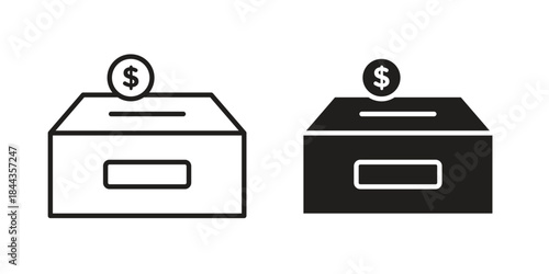 Donation box icons collection. Thin linear and black flat icons