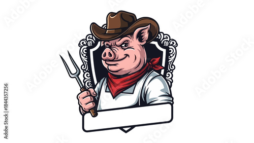 Pig Cowboy Character Holding Barbecue Fork with Red Bandana and Apron