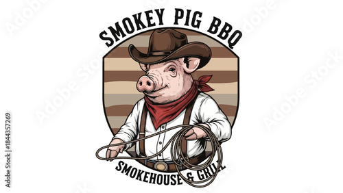 Country Pig Character in Cowboy Hat and Bandana Holding Lasso - BBQ Smokehouse