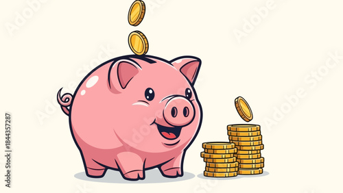 Cute Pink Piggy Bank with Coins Falling for Savings and Investment