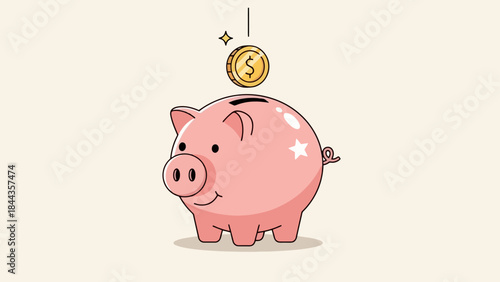 Cute Piggy Bank with Falling Coin, Symbolizing Savings and Financial Growth