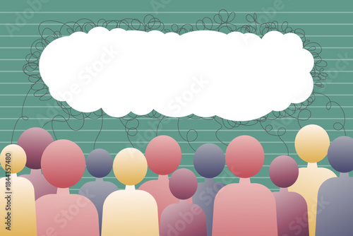 social poster, group of people searching for solution, thoughts, groupthink, team building. Space for advertising layout, sheets, web, social media, web, greeting cards background, banner, flyer.