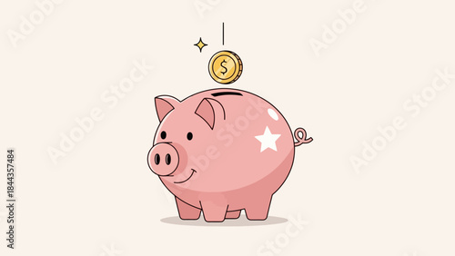 Cute Pink Piggy Bank with Dollar Coin and Sparkles, Minimalist Vector Illustration