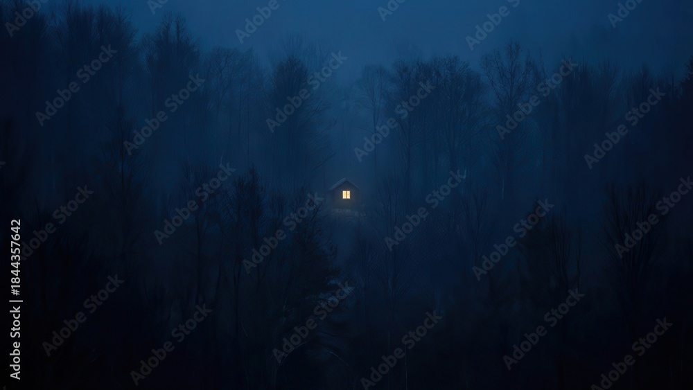 Fototapeta premium Cozy cabin in a misty forest at dusk with a warm glowing light