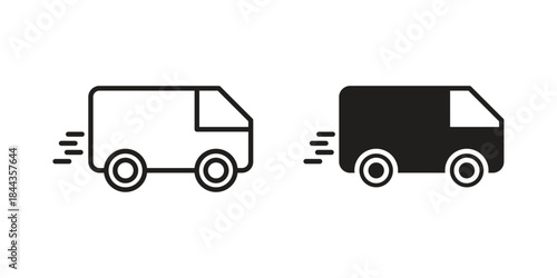 Fast shipping delivery truck icons collection. Thin linear and black flat icons