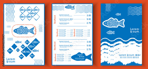 Fish, seafood menu template, card, frame, presentation, print ocean sea fish restaurant card background front and back sheet design